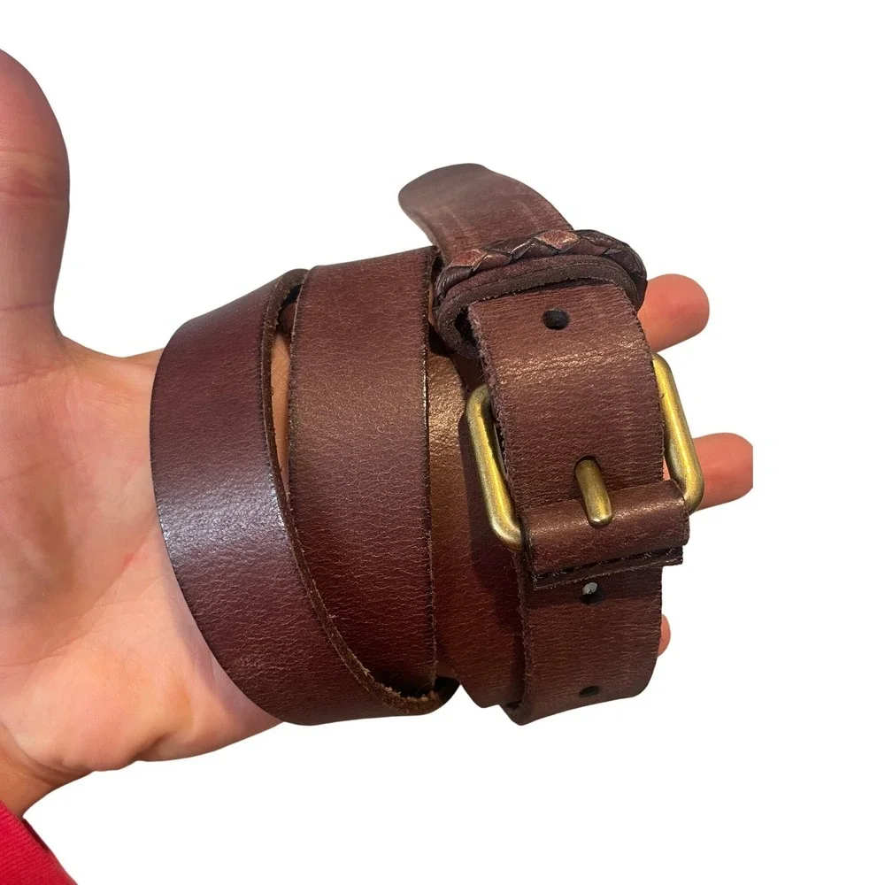 Frye Brown Genuine Leather Belt XL Braided Keeper Brass Buckle 1 Inch Wide